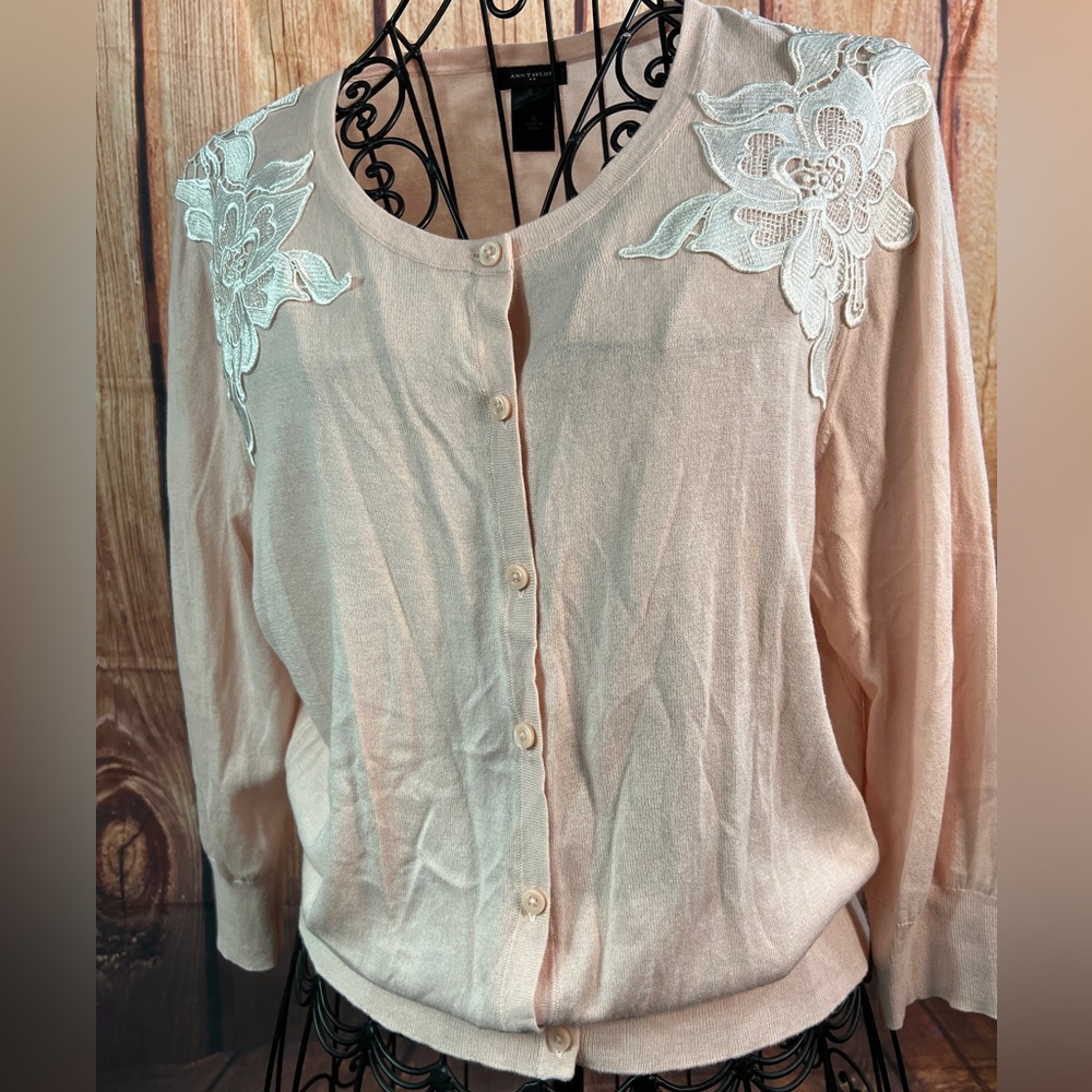 Ann Taylor Blush Pink Cardigan with White Lace Appliqué